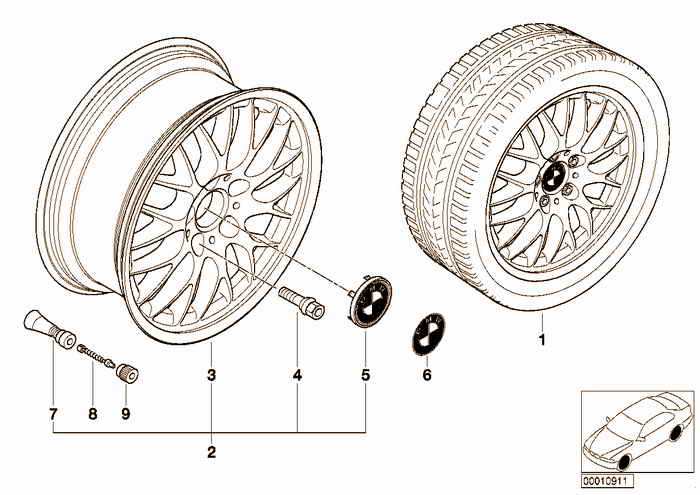 BMW light alloy wheel, cross spoke 42 BMW 323i M52 E36 Convertible, USA