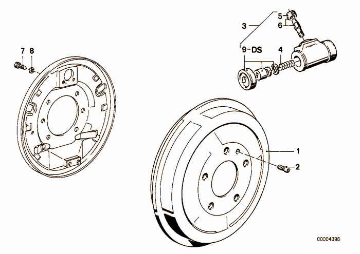 Drum brake-brake drum/wheel brake cyl. BMW 318tds M41 E36 Compact, Europe