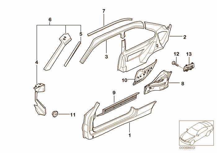 Single components for body-side frame BMW M3 3.2 S52 E36 Coupe, USA